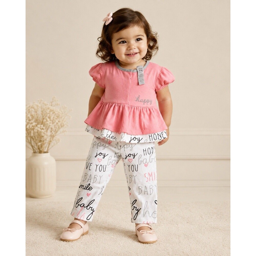 Boppy girls  Pink Top & Printed white Leggins 2 piece outfit Size 9 months